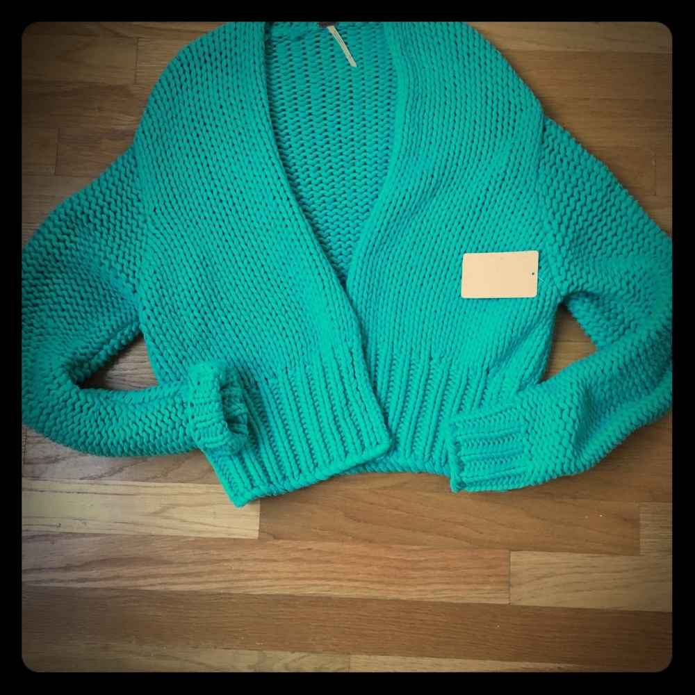 Free People Bright Teal Cropped Chunky Knit Cardigan